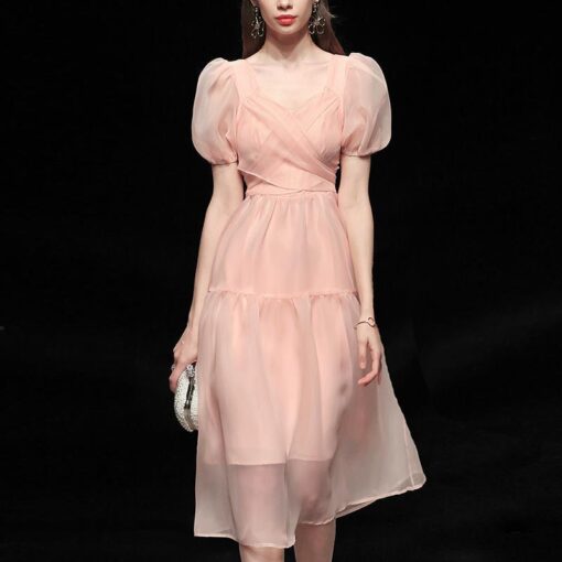 Aesthetic Elegant Designer Puff Sleeve Slim Dress