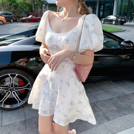Casual Puff Sleeve Daring Floral Cottage Mini Dress