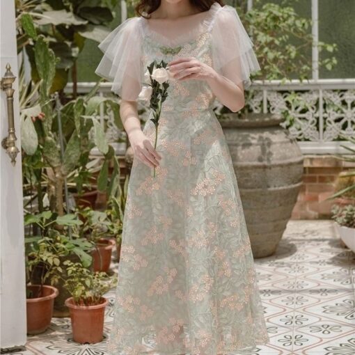 Cottagecore Tale Floral Slim Fit Embroidered Lace Dress