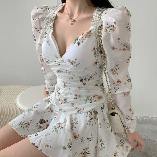 Daring Floral One-Piece Mini Long Sleeve Dress