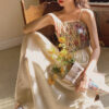 Daring Vintage Floral Strap Lace-up Midi Cottagecore Dress