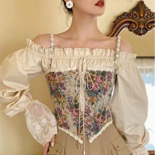 Decorated French Vintage Floral Corset Cottagecore Shirt