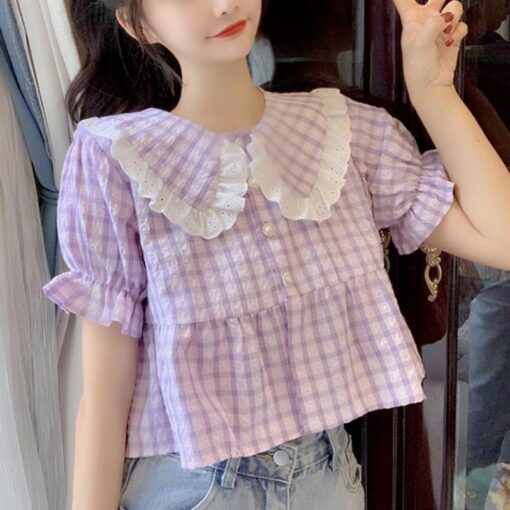 Dolly Plaid Patchwork Kawaii Cottage Blouse