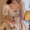 Floral Polka Dot Lace Up Short Sleeve Cottagecore Dress