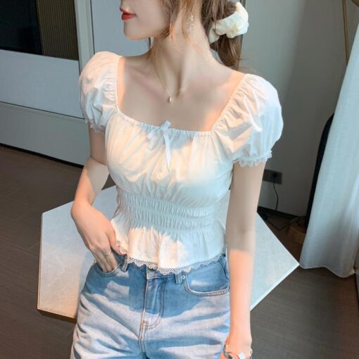 Short Puff Sleeve Square Collar Blouse